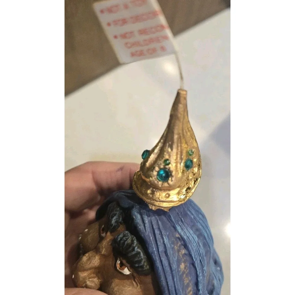 Hand Painted Wise Man Christmas Ornament Gold Crown Blue Hooded Beard Gold Stars